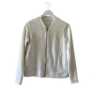 Nordstrom Caslon V-Neck Women’s White Front Zipper Long Sleeves SZ S #1251